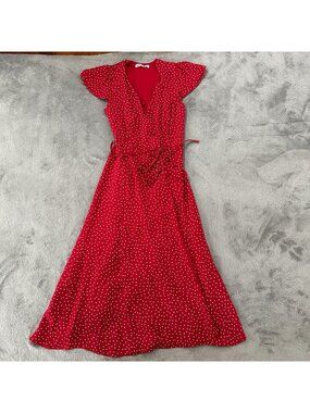 Reformation Red White Polka Dot Flutter Sleeve Wrap Midi Dress XS Extra Small